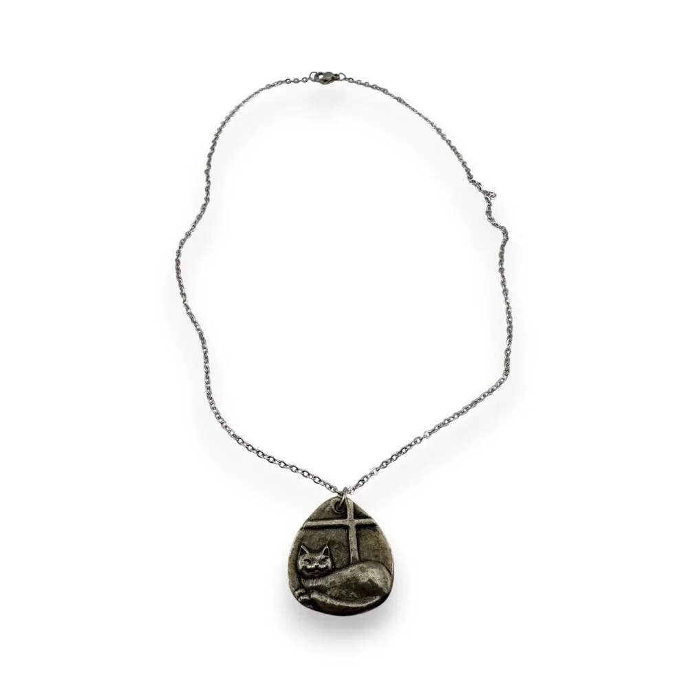 Pewter Cat in a Window Necklace Double Sided Pendant - Picture 2 of 7